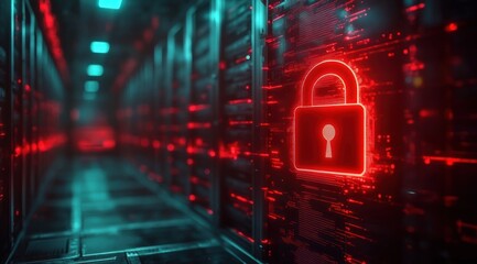 Dim data center corridor lined with server racks and neon teal lights, a large red glowing padlock and streaming code create a tense cyber security alert