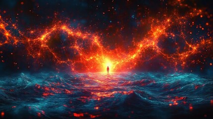 Fototapeta premium lone silhouette standing on turbulent blue ocean facing a blazing cosmic ribbon of fiery light and sparks, evoking awe and solitary wonder