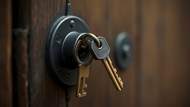 misaligned. A brass key slightly misaligned with a lock on an old wooden door. real-estate listings, architecture portfolios, designed for real-estate listing and luxury residence showcases.
