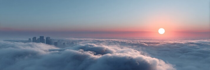 Naklejka premium Wide sunrise over cloud sea with distant city cluster above billowing clouds and warm sun on the horizon