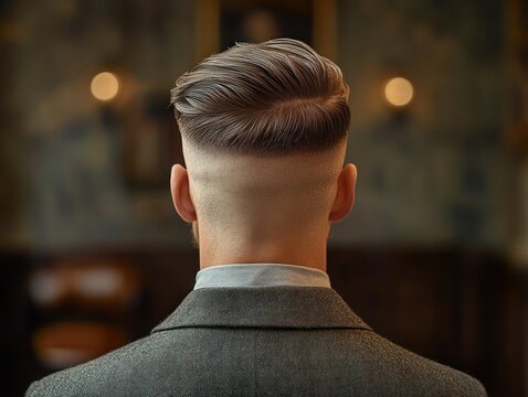 rear view of a well-groomed man with a low faded undercut and combed back top wearing a grey suit jacket in a warm blurred interior, calm and confident mood
