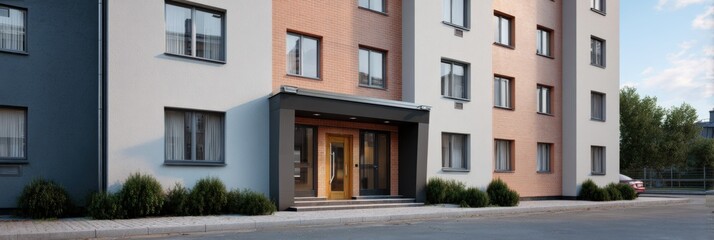 Obraz premium Modern apartment building entrance facade with pastel panels multi story residential complex landscaped sidewalk urban street daytime calm lighting
