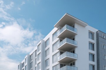 Fototapeta premium White contemporary apartment corner with stacked glass balconies clean minimal facade blue sky perspective exterior modernist residential architecture
