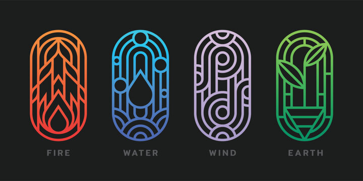 Four nature basic elements - fire water wind and earth symbols with abstract modern line oval shape vector design