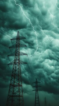 Dark storm clouds with multiple lightning bolts striking near tall electrical transmission towers.