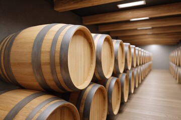 Naklejka premium Wine cellar with rows of wooden barrels stacked horizontally in a dimly lit barrel room for aging and storage