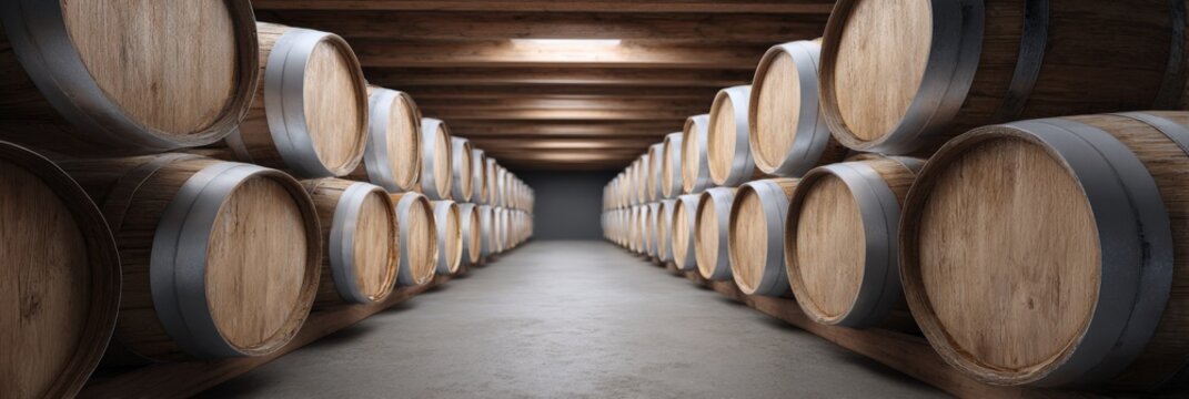 Oak wine cellar lined with stacked wooden barrels in a cool underground barrel room for aging and storage