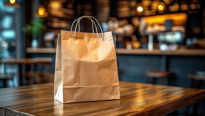 Brown kraft paper takeout bag with handles on wooden table in cozy warmly lit cafe interior with blurred bar counter and bokeh lights conveying inviting mood
