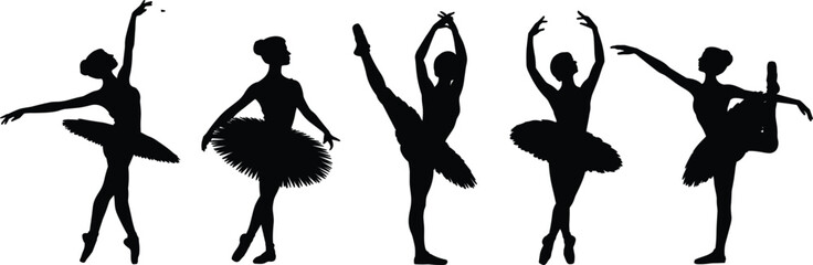 Five Black Silhouettes of Ballerinas in Various Poses on White Background ballet dancer © MstGolenur