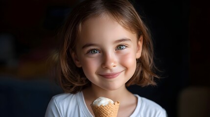 Naklejka premium A delightful close up portrait of a young girl with a bright smile holding an ice cream cone in contrasting light against a dark background