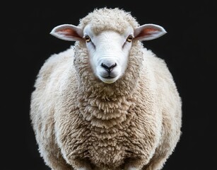 Fototapeta premium front-facing fluffy sheep portrait with calm curious expression and thick wool on dark background