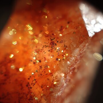Sunstone glitter macro, tiny copper inclusions (aventurescence) sparkling inside an orange stone