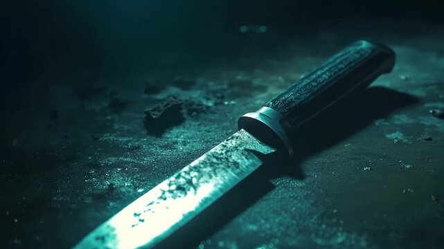 Old, rusty knife laying on a dark, wet, and gritty surface in a mysterious, moody atmosphere
