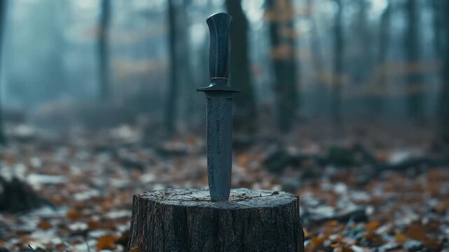 Old medieval dagger or sword stuck in a wooden stump in a misty and dark forest in autumn