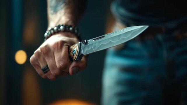 Masculine hand with tattoos and jewelry firmly holding a custom folding knife with a patterned blade
