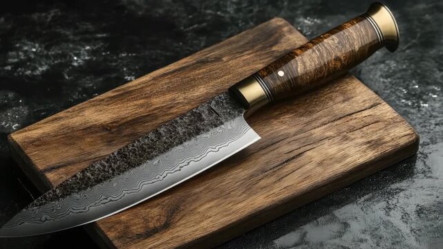 Damascus steel kitchen knife with a wooden handle resting on a cutting board over a dark background