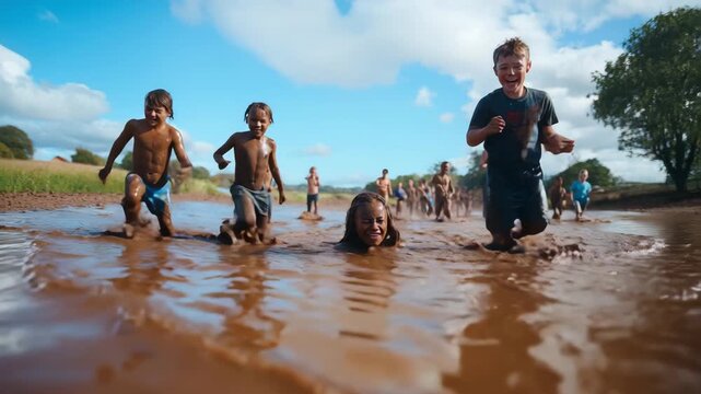 Happy multiethnic children having fun running and splashing through a muddy puddle on a sunny day