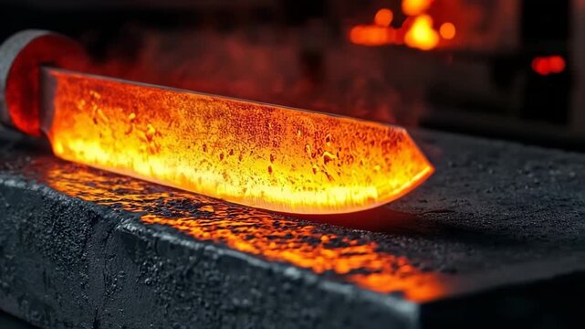 Red-hot metal blade cooling down on an anvil in a blacksmith's workshop with a forge in background