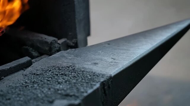 Hot iron bar cooling down, changing from bright orange to dark gray in a forge workshop