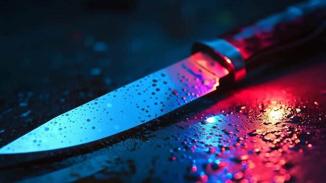 Close-up of a wet knife on the ground at a crime scene reflecting flashing red and blue lights