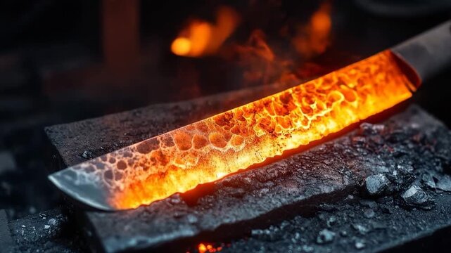 Red-hot steel knife blade cooling down on an anvil in a blacksmith's workshop with smoke and fire
