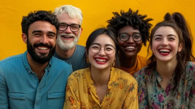 Group of diverse happy friends having fun together and laughing against a vibrant yellow background