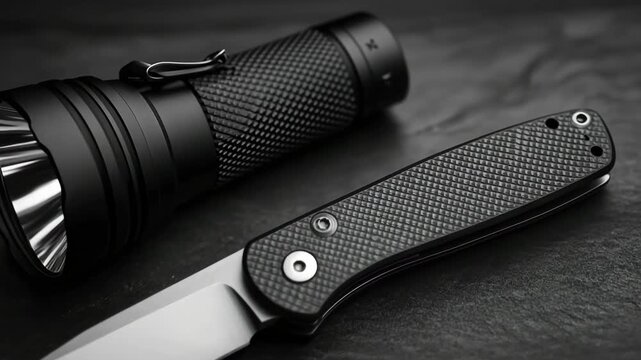 Everyday carry gear with a tactical flashlight and a folding pocket knife on a dark background