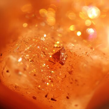 Sunstone glitter macro, tiny copper inclusions (aventurescence) sparkling inside an orange stone