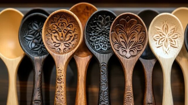 Assortment of beautifully carved wooden spoons with intricate floral and folk art patterns