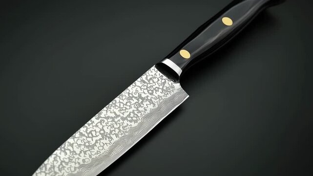 Macro shot of a japanese kitchen knife with a damascus steel blade and black handle