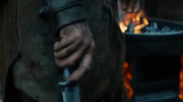 Blacksmith's dirty hand holding a handmade knife in his workshop with a forge in the background