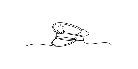 Fototapeta premium Single continuous line drawing of a police officer hat with a badge on a white background