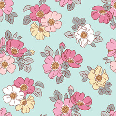 Hand drawn wild roses. Seamless vector pattern. Liberty floral design on isolated background. Perfect for textile, wallpaper or nursery print design.