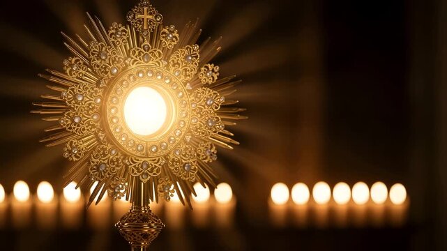 Glowing monstrance candlelight feast of corpus christi catholic liturgy holy eucharist golden altar HD high quality video.
