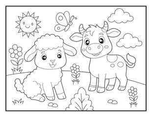 Obraz premium Baby Sheep and Cow Character Coloring Sheet for Kids. Simple Countryside Farm Activity Sheet for Children