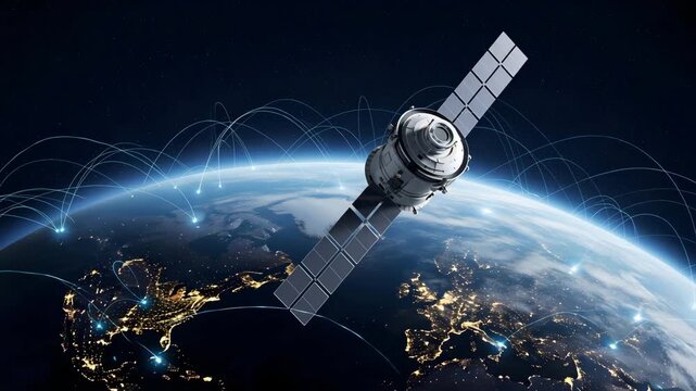 Satellite orbiting earth with global connectivity lines illuminated planet and city lights HD high quality video.
