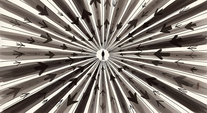 Conceptual artwork depicting a person standing surrounded by arrows