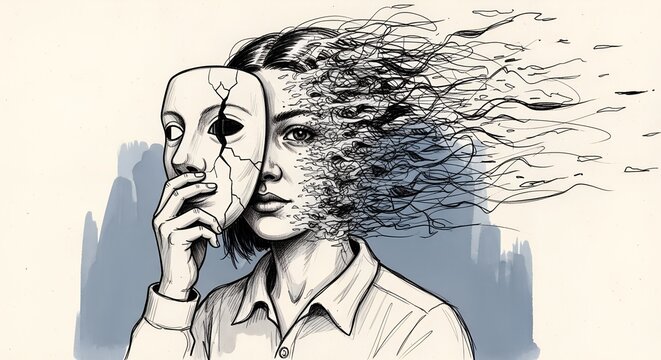 A person removing a mask, revealing vulnerability and inner turmoil