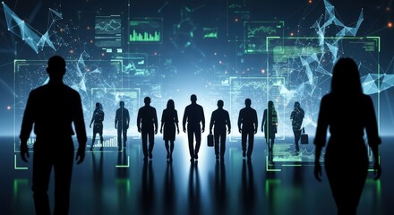 Teamwork digital future, silhouettes of people in technology, data analysis screens