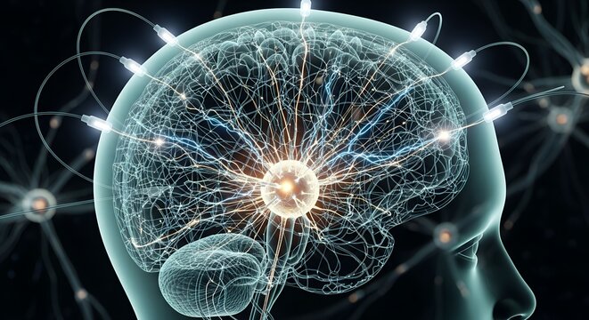 An illustration of a human brain, neurons connecting and firing