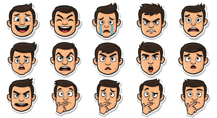Collection of various cartoon faces expressing different emotions and feelings in a set.