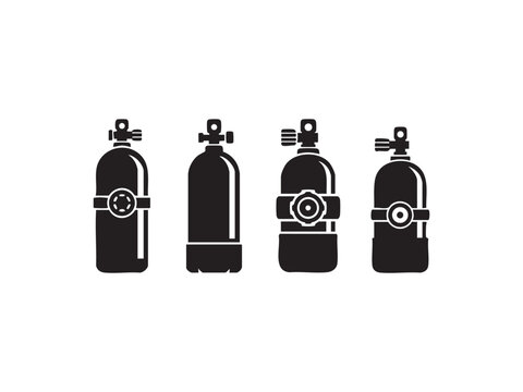 Scuba diving oxygen tank icons set for underwater adventure and deep sea exploration gear