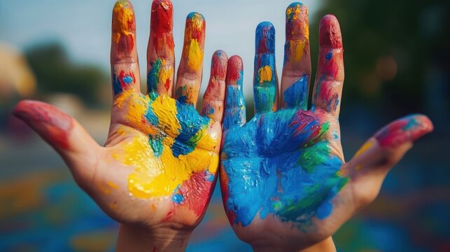 two small hands covered in bright blue, yellow, red and green paint, palms open in joyful playful messy creativity outdoors