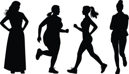 Set of female silhouettes in different poses including standing and running isolated on white background, lifestyle and fitness concept illustration