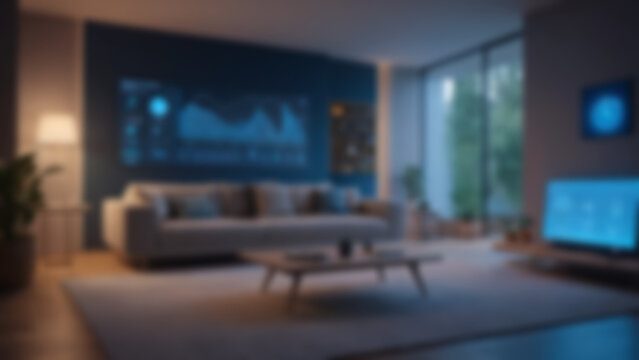 Blurred background of AI-controlled smart energy home interior with holographic dashboard displaying real-time renewable energy data, modern living room with minimalist furniture, evening, soft ambien