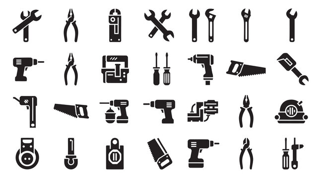 Construction and carpentry tools icon set, essential equipment for handyman work