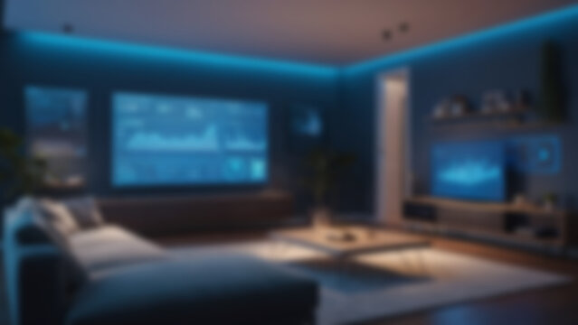 Blurred background of AI-controlled smart energy home interior with holographic dashboard displaying real-time renewable energy data, modern living room with minimalist furniture, evening, soft ambien