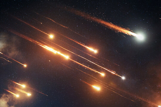 Military missile launch during a Middle East conflict at night. Ballistic rocket soaring into the dark sky with intense fire trail above a desert landscape. Concept of modern warfare and defense.