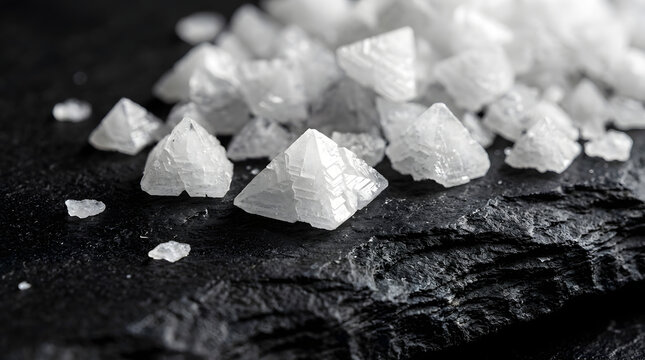 Crystal pyramid-shaped salt on black slate
