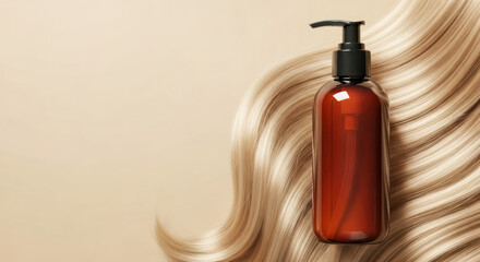 Naklejka premium Brown glass bottle with pump on wavy blonde hair against a soft beige background, ideal for hair care product presentations